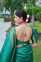 DEIANA'S Beautiful Designer Golden zari Soft Lichi Silk Saree - Teal | Grocsy