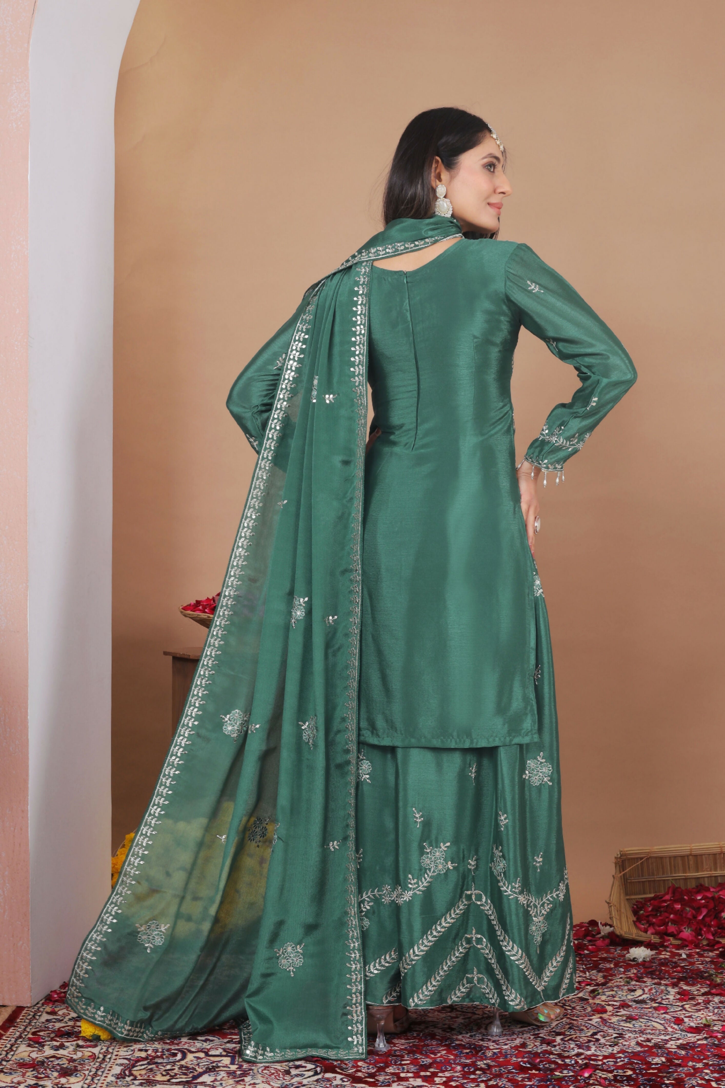 The52 Women's Gorgeous Embroidery Work Chinon Fabric Straight Kurta Sharara and Dupatta Set-Green | Grocsy
