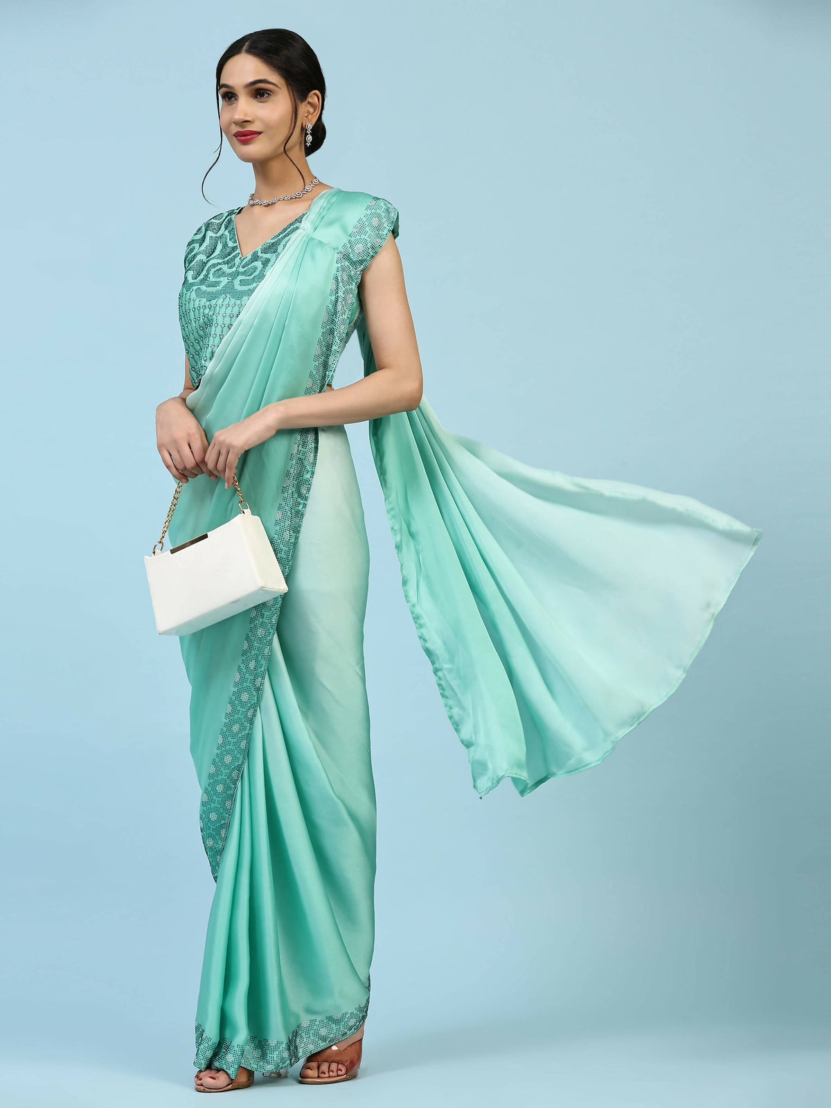 Sea Green Ombre Satin Georgette Plain Ready to wear Saree with stitched Blouse - Vrinda | Grocsy