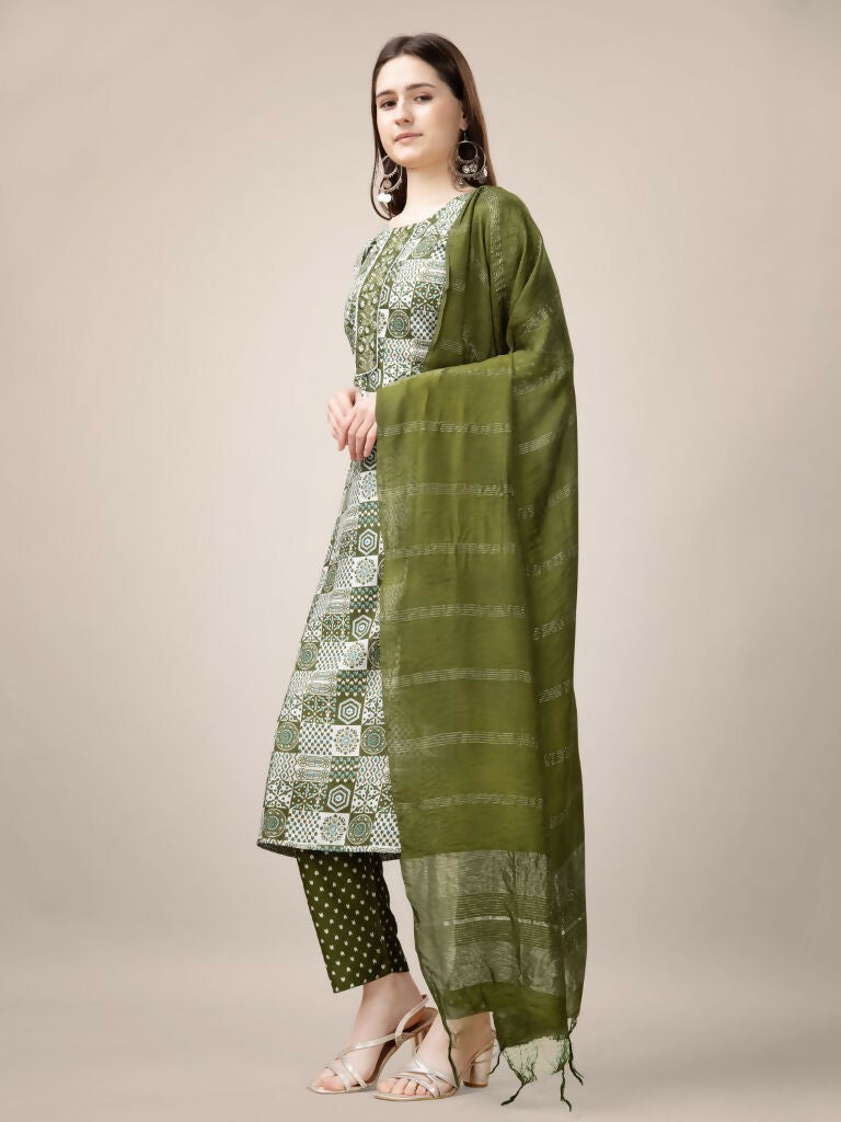 Jyoti Fashion Women's Mehendi Rayon Print with Embroidery & Fancy Lace Work Kurta with Trouser & Dupatta | Grocsy