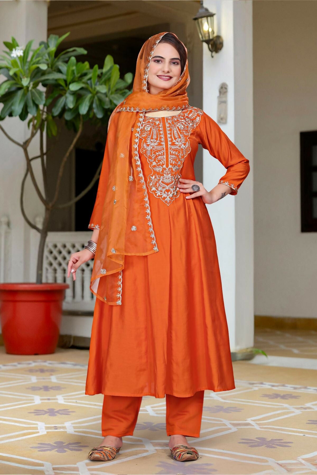 The52 Women's Beautiful Vichitra Fabric Embroidery Work Flared Anarkali Pant and Dupatta Set | Grocsy