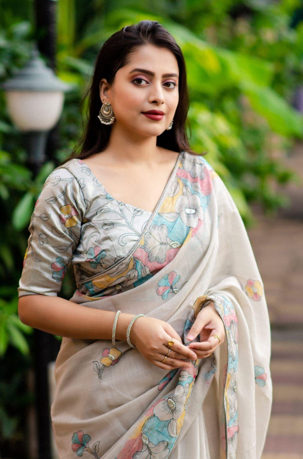 Grey Pure Linen Ethnic Motifs Saree with Unstitched Blouse - A2M | Grocsy