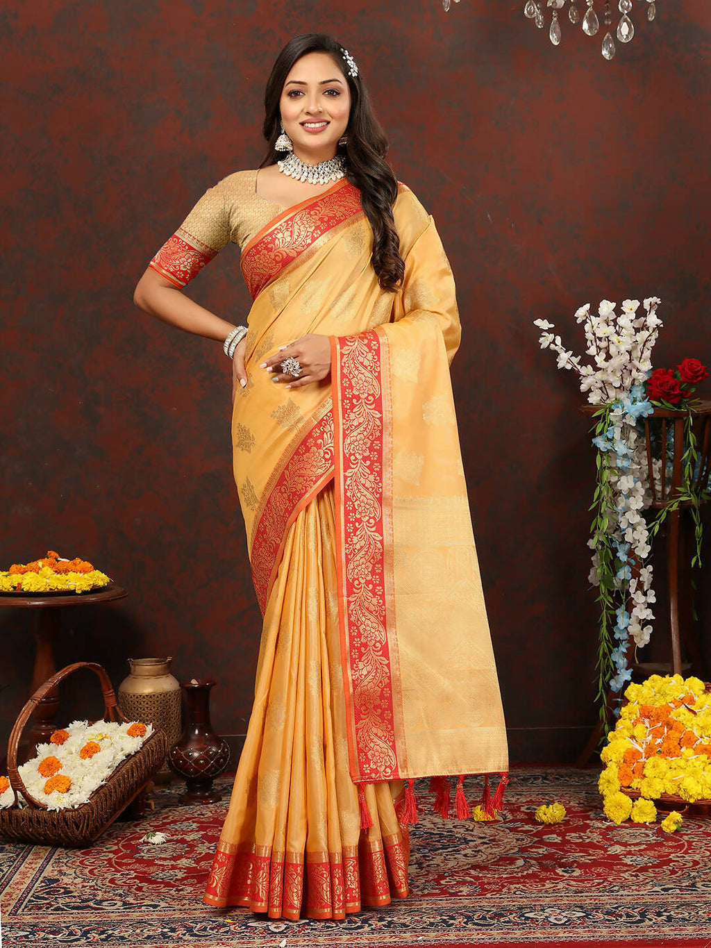 Lorenvalley Fashion Gold Cotton Woven Design with Zari Weaving Design Saree | Grocsy