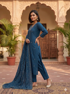 Teeya Creation Ready-To-Wear Dark Blue Chinon Salwar Suit Set With Thread And Sequence Work Set | Grocsy