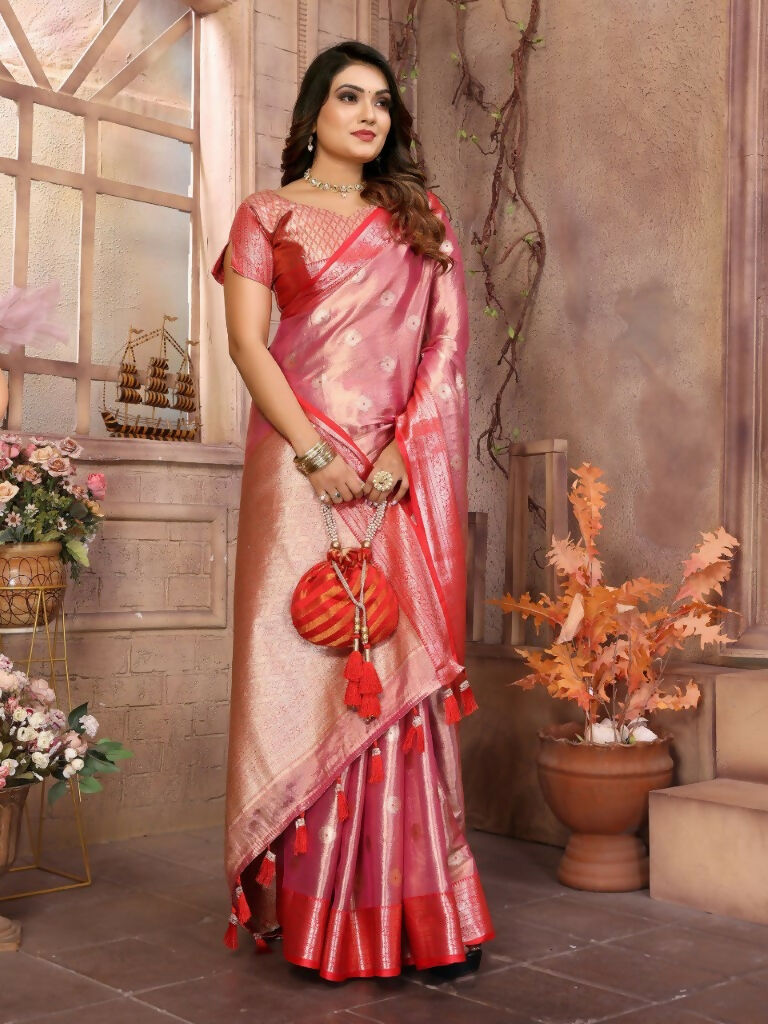 Anaita Peach Tissue Silk With Zari Weaving Saree With Blouse | Grocsy