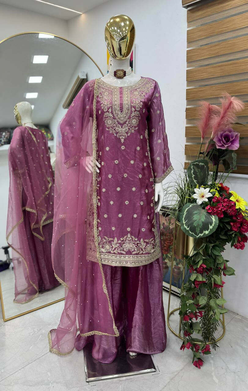 Teeya Creation New Trendy Womens Wedding Wear Kurta Palazzo Set - Pink | Grocsy