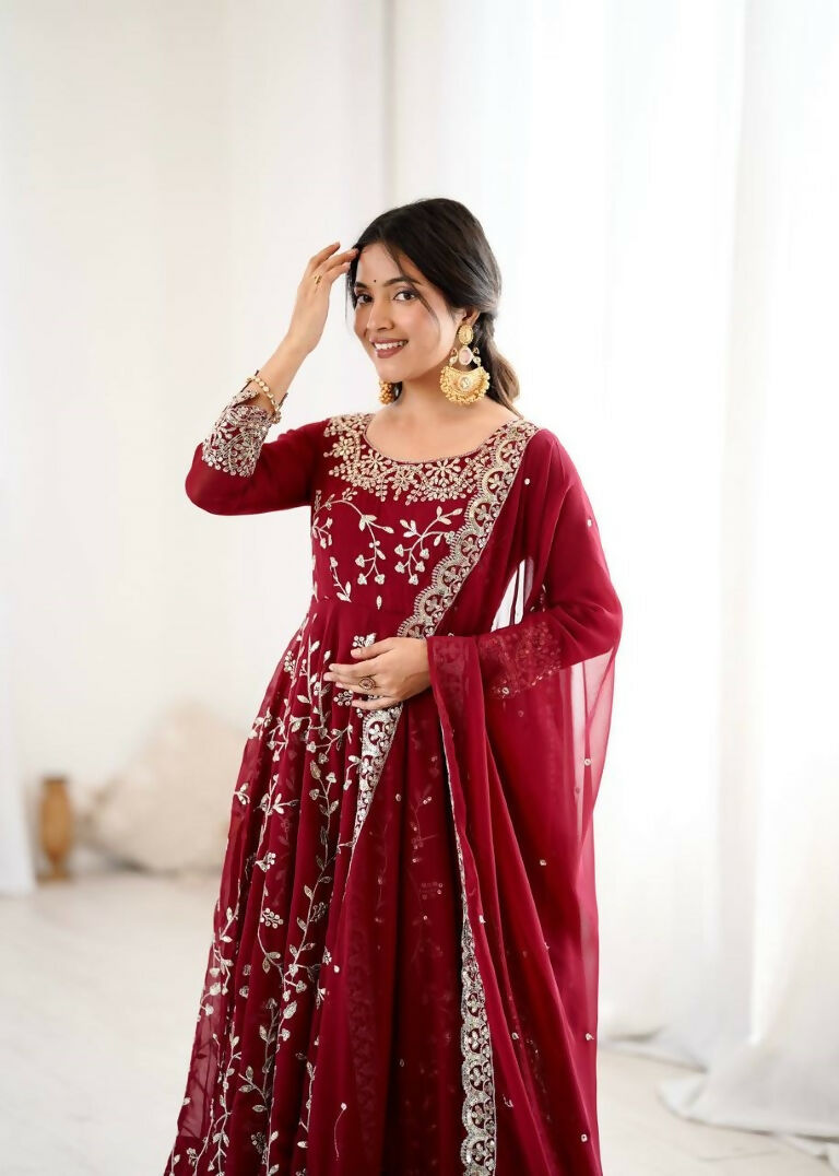 Teeya Creation Maroon Color Heavy Faux Georgette Embroidery Work Gown | Grocsy