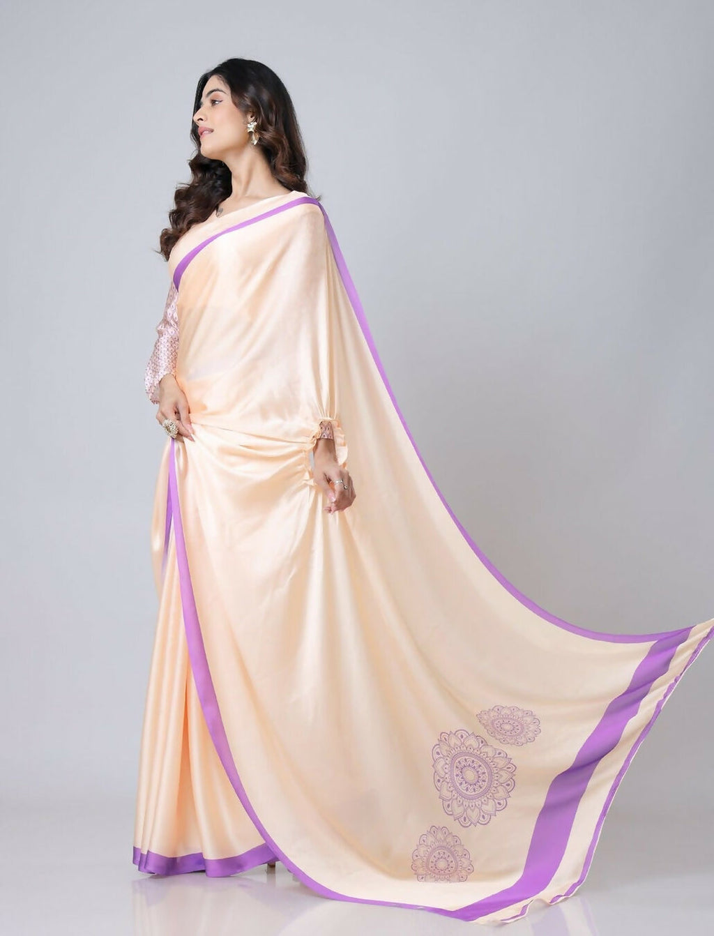 Vastranavya Peach Mandala Print Free Hand Ready to Wear Saree | Grocsy