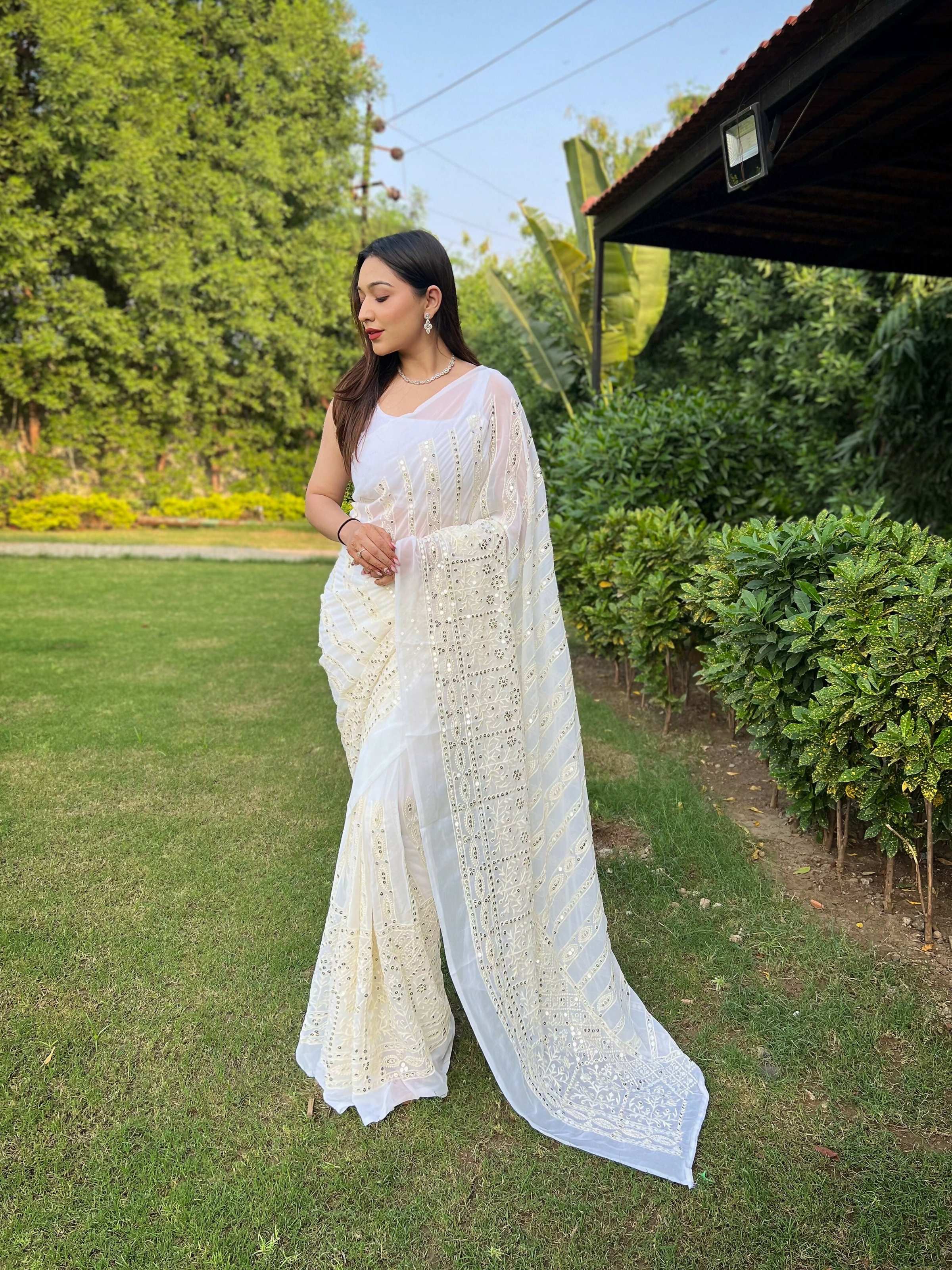 Vamsee V5-White Organza Saree | Grocsy