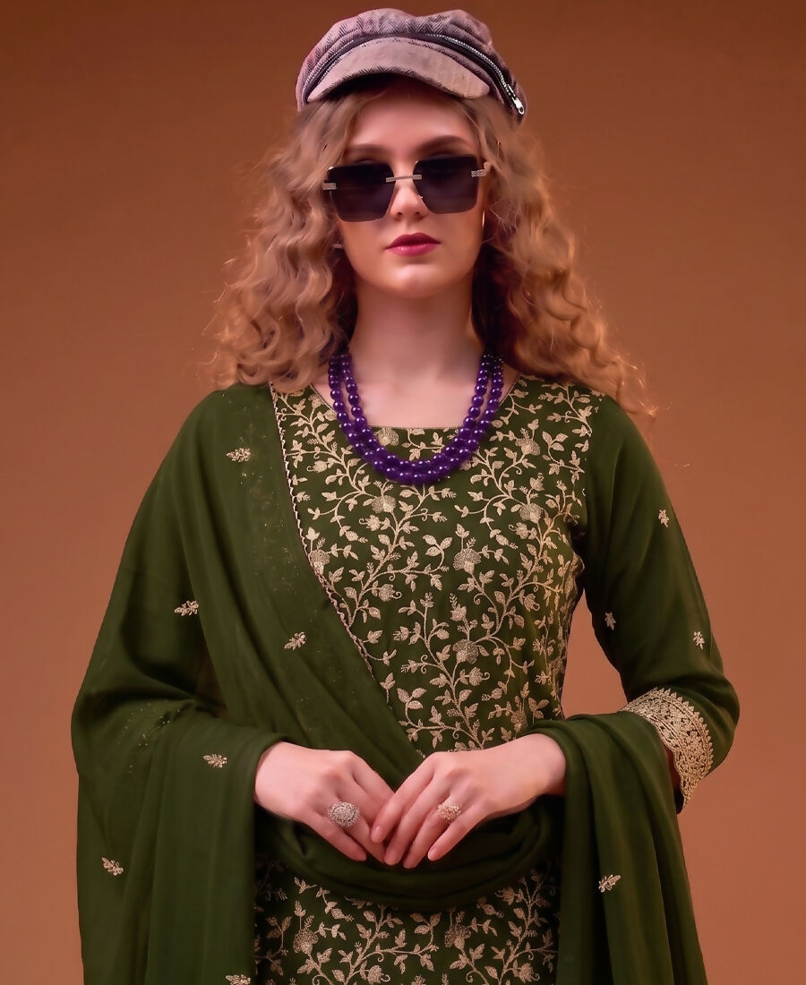 KC Mahendi Green Straight Suit For Women Georgette Fabric | Grocsy