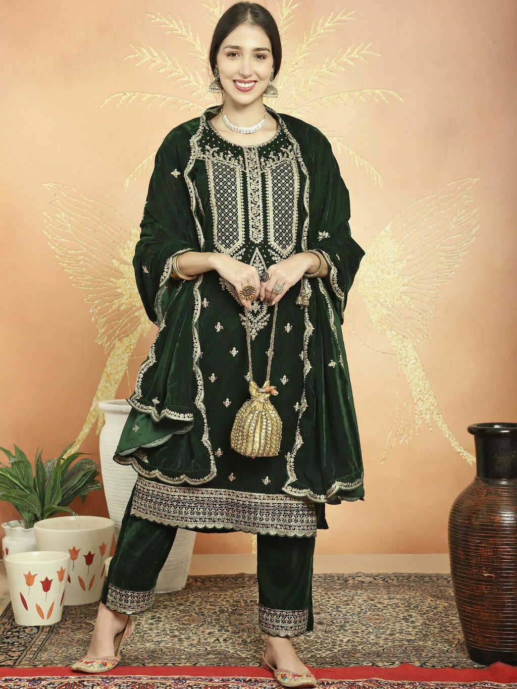 Jyoti Fashion Women's Green Velvet Cording with Resham Thread & Sequin Kurta with Trouser & Dupatta | Grocsy