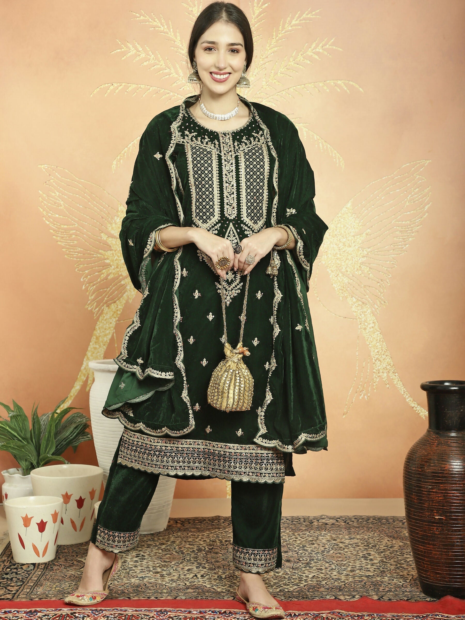 Jyoti Fashion Women's Green Velvet Cording with Resham Thread & Sequin Kurta with Trouser & Dupatta | Grocsy