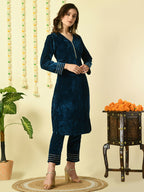 Myshka Women's Teal Velvet Kurta With Trousers Party Sets | Grocsy