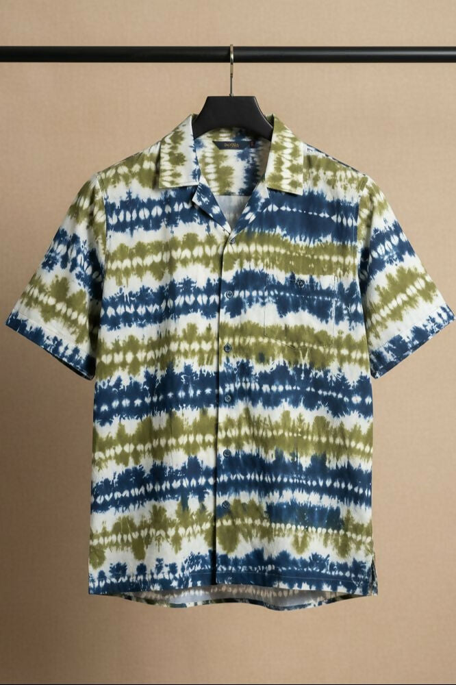 Prakriti — Olive Indigo Shibori Cotton Shirt by Hilo Design | Grocsy