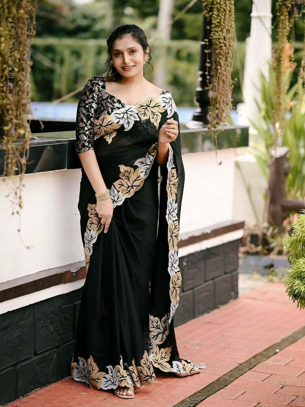 Vastranavya Satin Chiffon Silk Beautiful Designer Zari Thread Embroidery work of Leaf Design with Cutwork Border Saree with Blouse Material - Black | Grocsy