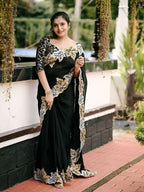 Vastranavya Satin Chiffon Silk Beautiful Designer Zari Thread Embroidery work of Leaf Design with Cutwork Border Saree with Blouse Material - Black | Grocsy