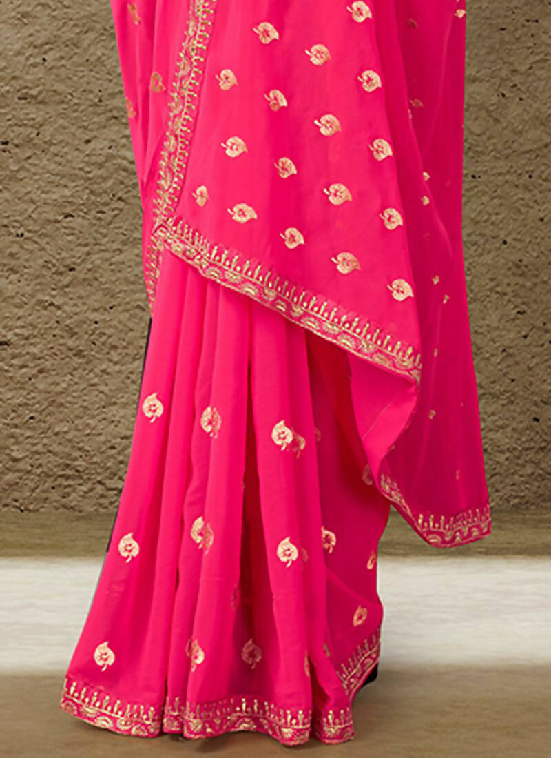 Pink Georgette Embroidered Saree with Unstitched Blouse Piece - Avika | Grocsy