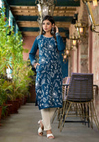 Juniper Women's Blue Floral Printed Polycotton Straight Round Neck Women Kurta | Grocsy