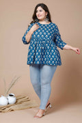 Miravan Women's Blue Plus Size Cotton Floral Printed Short Kurti | Grocsy
