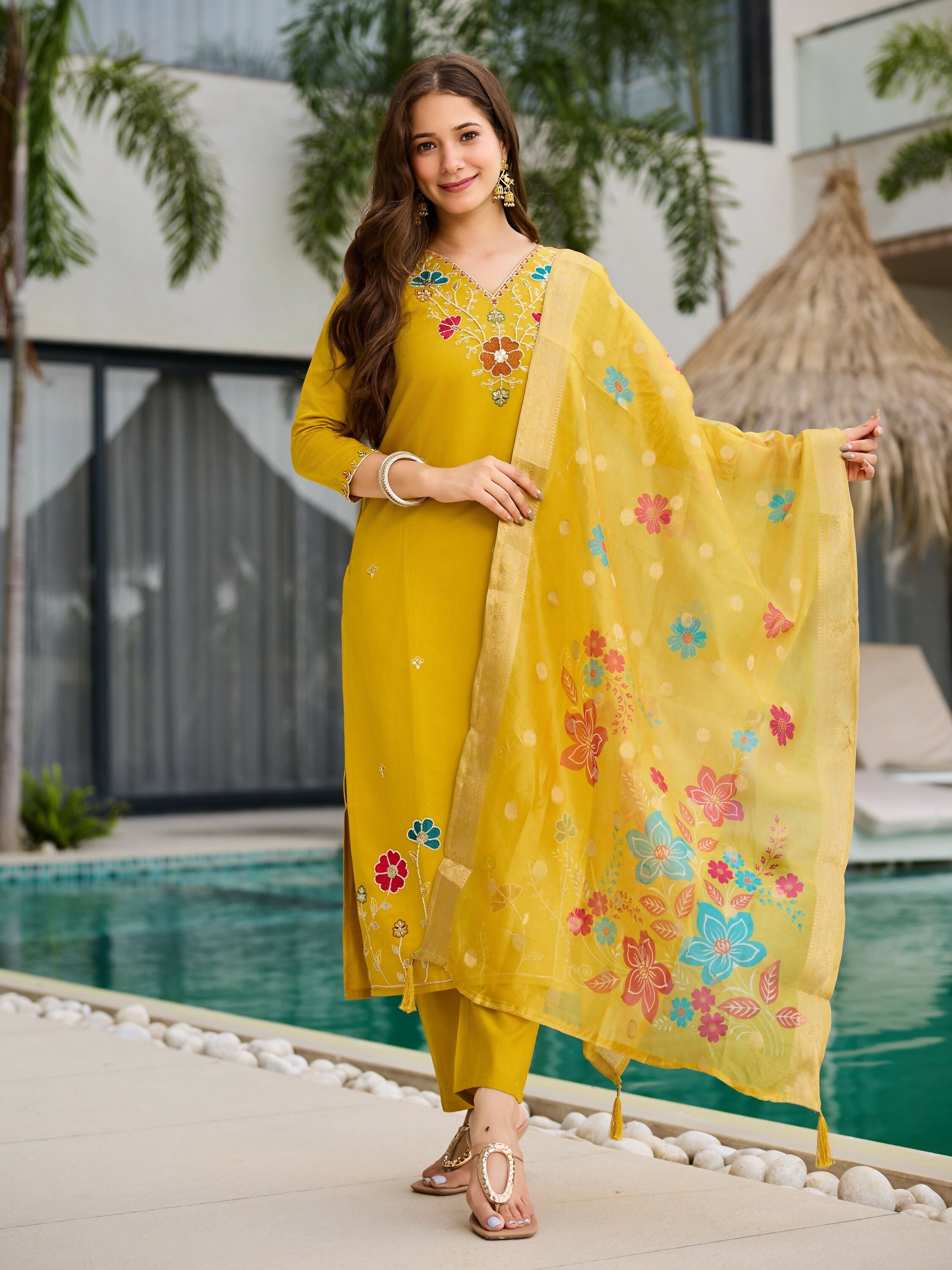 The52 Yellow Women's Gorgeous Embroidered work Viscose Gadhwal Fabric Straight Kurta, Pant and Dupatta Set | Grocsy