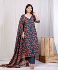 Miravan Women's Pure Cotton Animal Printed Zari Lace Work Blue Jaipuriya Anarkali Suit Set | Grocsy