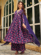 Janasya Purple Georgette Floral Kurta,Bottom & Dupatta | Grocsy