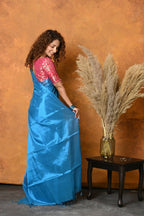 Very Much Indian Fusion Cotton Tissue Shimmer Saree - Light Blue | Grocsy