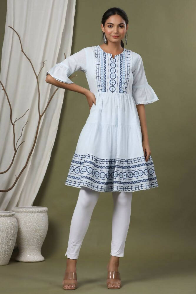 Juniper Sky Blue Cotton Dobby Festive Embroidered Tiered Dress For Women | Grocsy