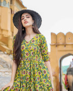 Designer Partywear Printed Yellow Pure Maslin Gown - Anbazaar | Grocsy
