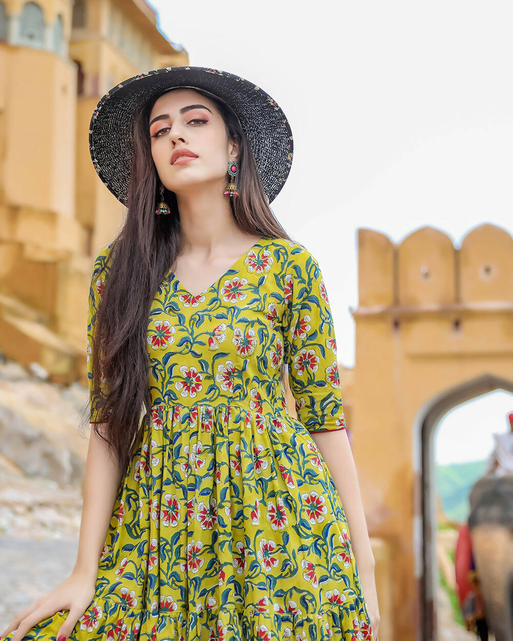 Designer Partywear Printed Yellow Pure Maslin Gown - Anbazaar | Grocsy