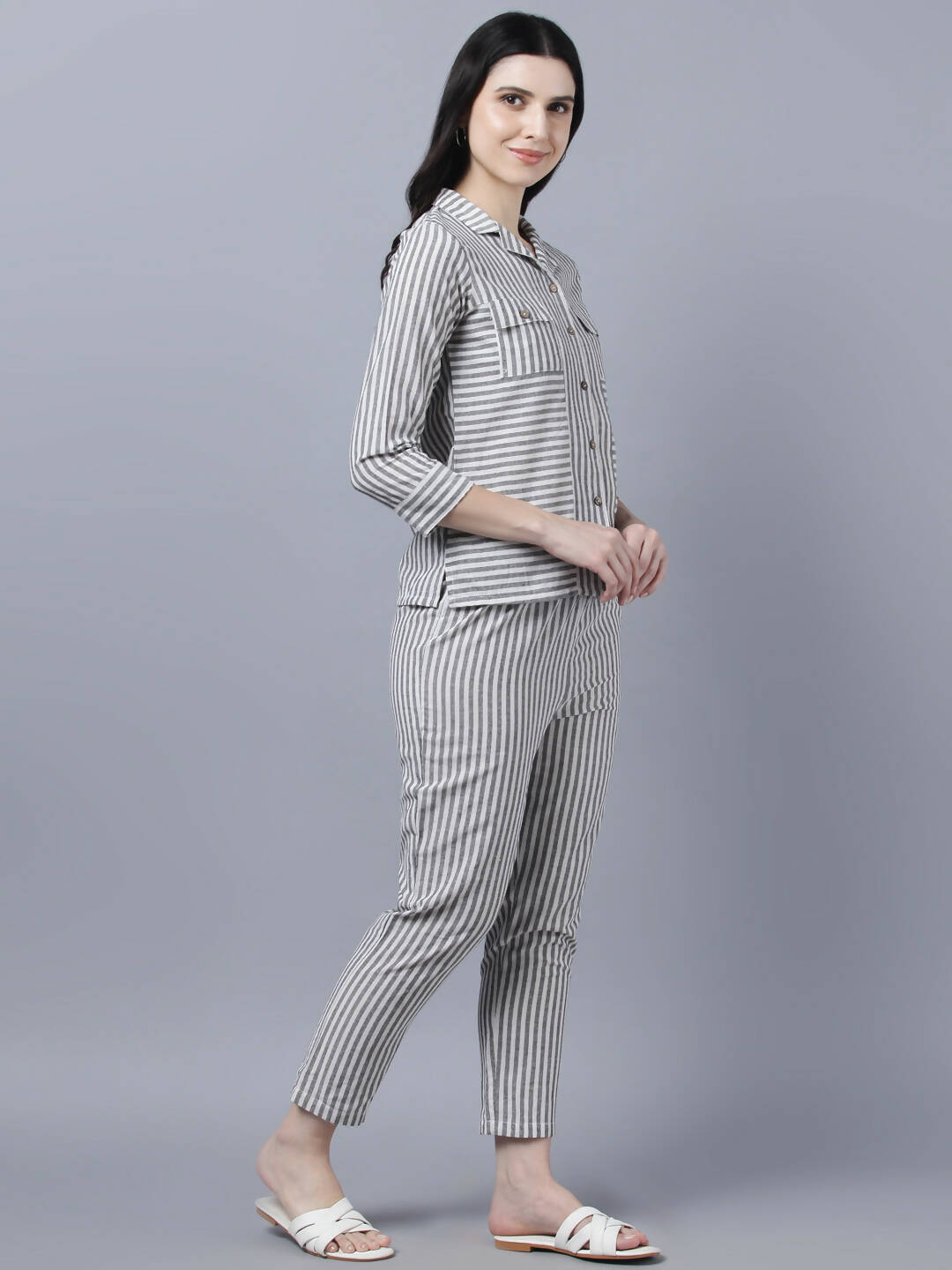 Myshka Stylish Grey 3/4 Sleeve Women's Cords Set | Grocsy
