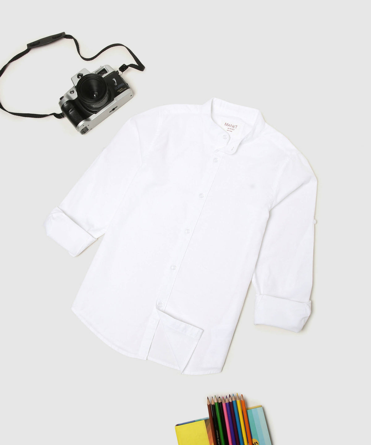 Manet Boys Mandarin Collar Full Sleeves Melange Shirt - White | Grocsy