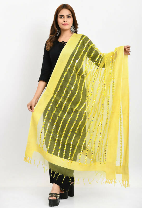 Mominos Fashion Moeza Women's Orgenza Mirror Stripe Thread Work Lemon Yellow Dupatta | Grocsy
