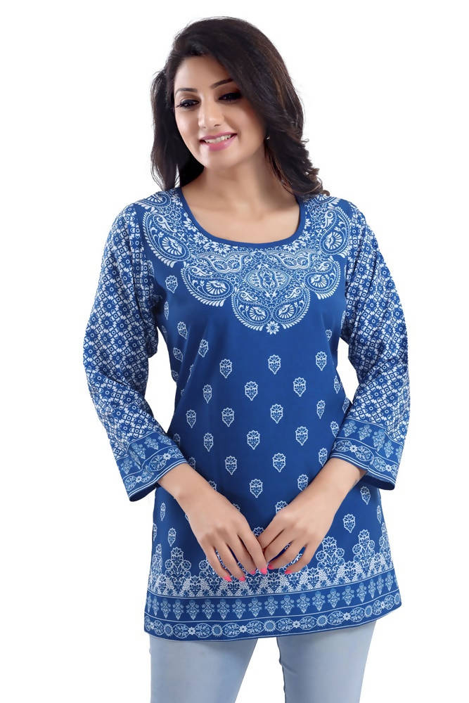 Snehal Creations Royal Blue Faux Crepe Short Kurti Tunic Top | Grocsy