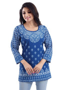 Snehal Creations Royal Blue Faux Crepe Short Kurti Tunic Top | Grocsy