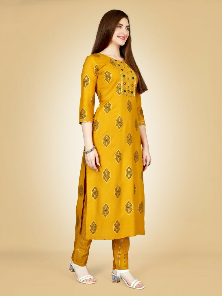 Jyoti Fashion Women's Yellow Viscose Rayon Embroidered Kurta Pant Set | Grocsy