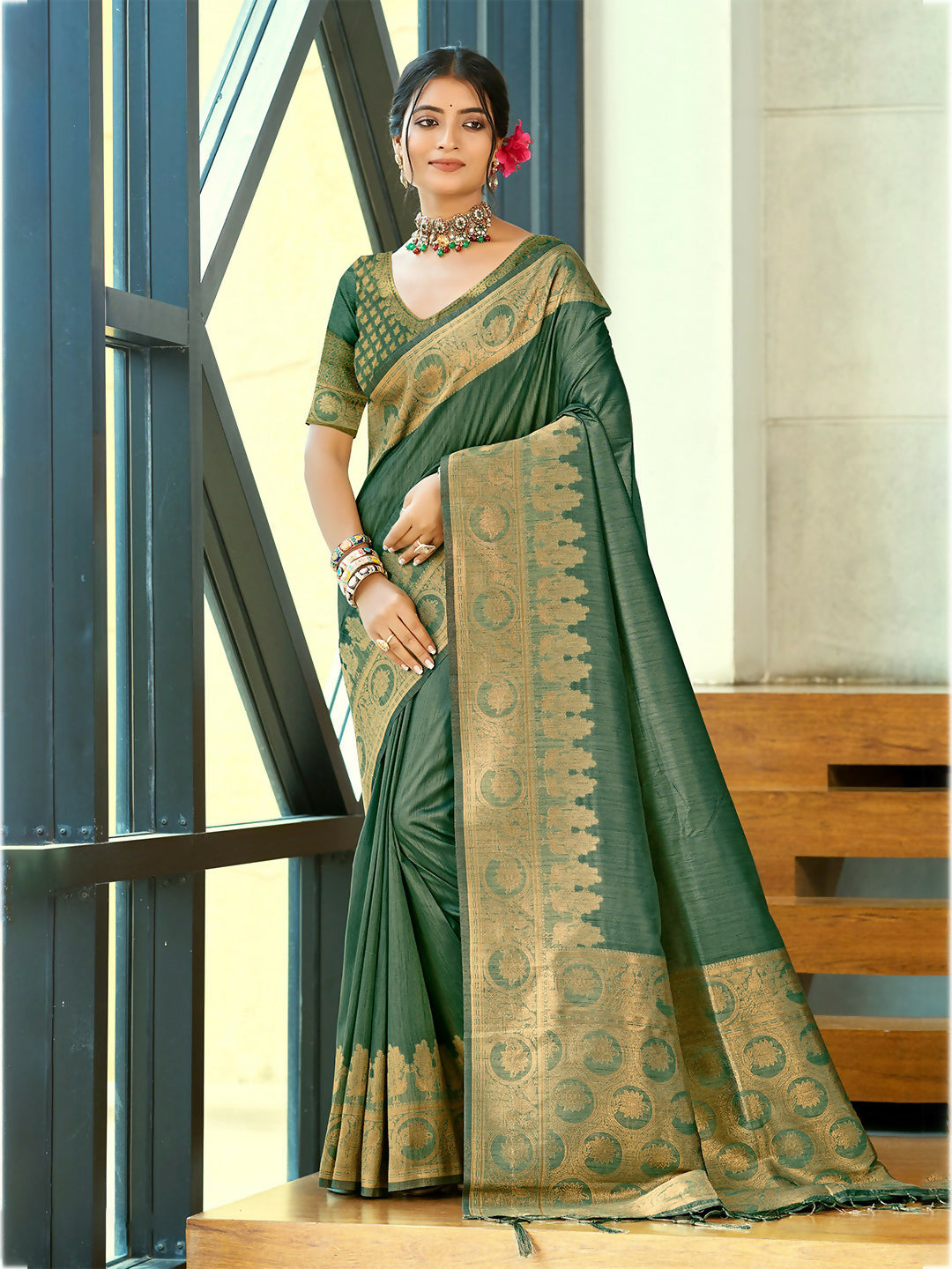 Sangam Prints Dark Green Assam Silk Woven Work Traditional Saree | Grocsy