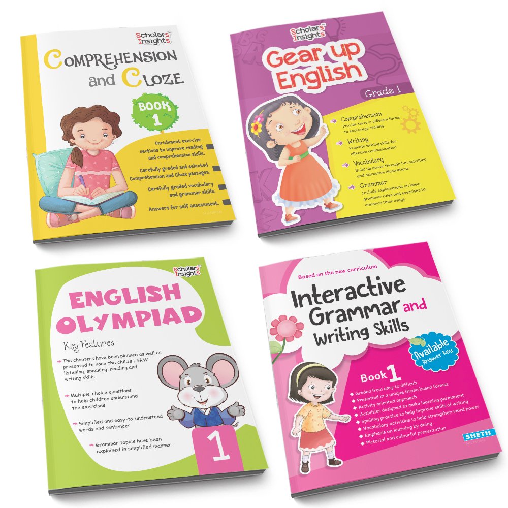 Grade 1 Ultimate English Combo Practice Workbooks Set of 4: Grammar, Writing Skills, Olympiad Prep, and Gear Up English| Ages 6-7 Years | Grocsy