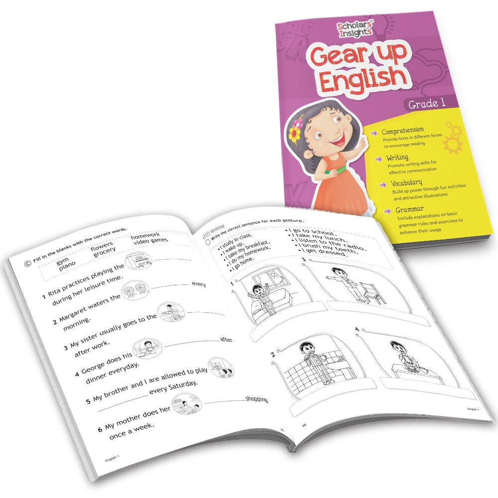 Grade 1 Ultimate English Combo Practice Workbooks Set of 4: Grammar, Writing Skills, Olympiad Prep, and Gear Up English| Ages 6-7 Years | Grocsy