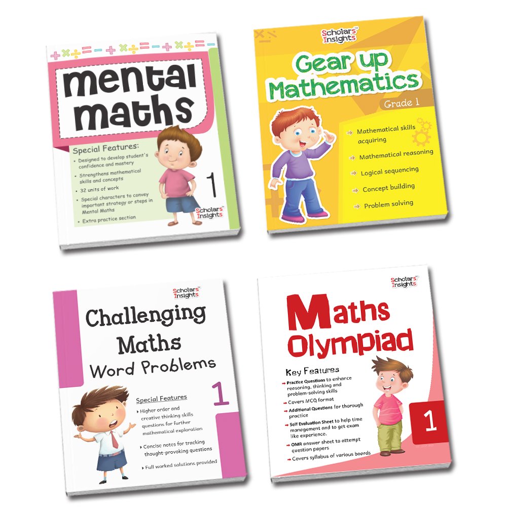 Grade 1 Comprehensive Learning with Mathematics Workbooks Set of 4 Ages 6-7 Years: Gear Up Math, Mental Math, Olympiad, and Challenging Word Problems | Grocsy