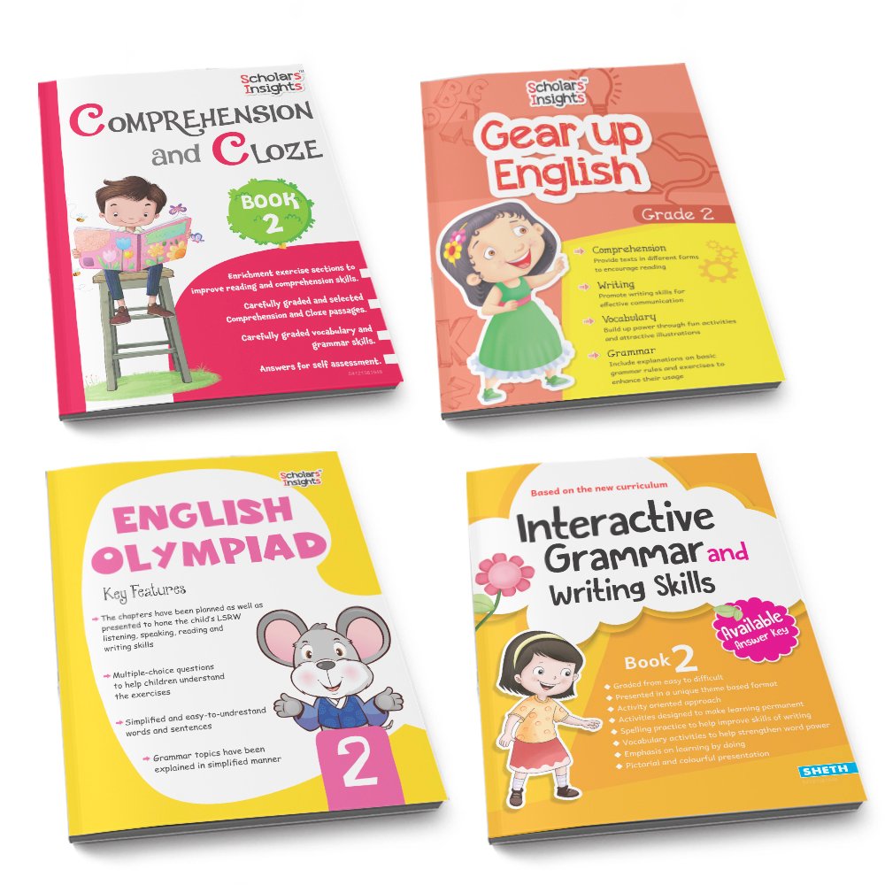 Grade 2 Ultimate English Combo Practice Workbooks Set of 4: Grammar, Writing Skills, Olympiad Prep, and Gear Up English| Ages 7-8 Years | Grocsy