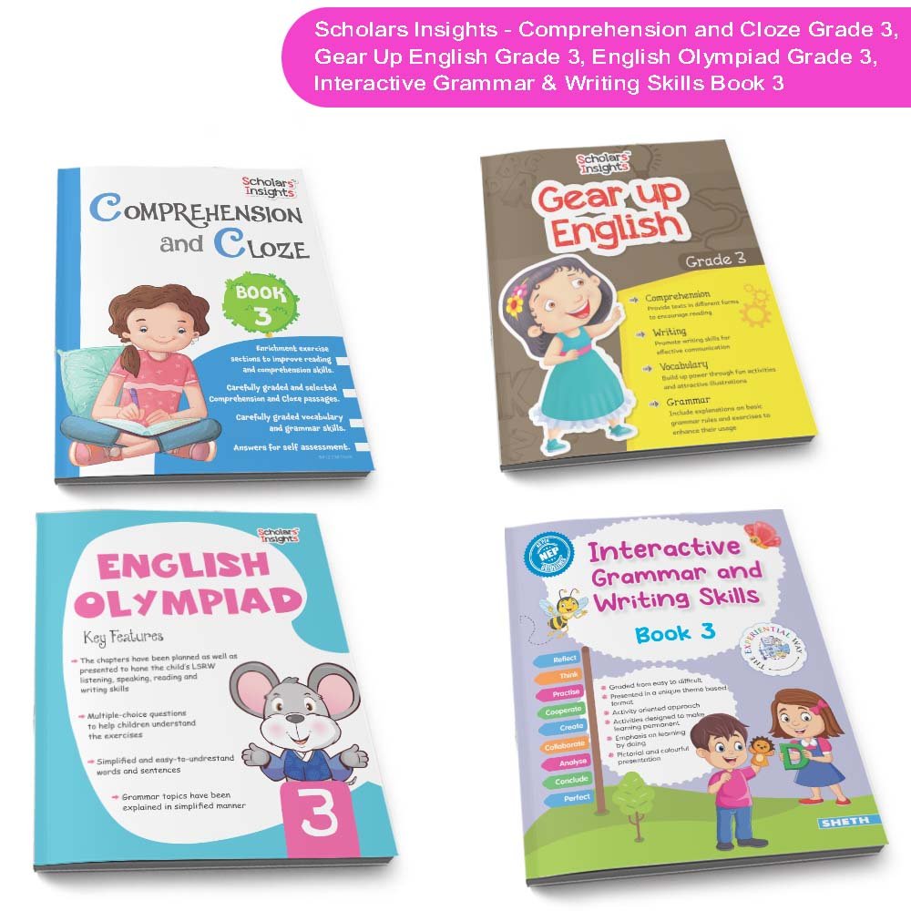 Grade 3 Ultimate English Combo Practice Workbooks Set of 4: Grammar, Writing Skills, Olympiad Prep, and Gear Up English| Ages 8-9 Years | Grocsy