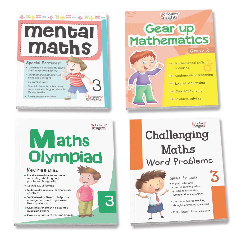 Grade 3 Comprehensive Learning with Mathematics Workbooks Set of 4 Ages 8-9 Years: Gear Up Math, Mental Math, Olympiad, and Challenging Word Problems | Grocsy