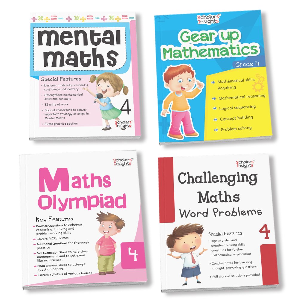 Grade 4 Comprehensive Learning with Mathematics Workbooks Set of 4 Ages 9-10 Years: Gear Up Math, Mental Math, Olympiad, and Challenging Word Problems | Grocsy