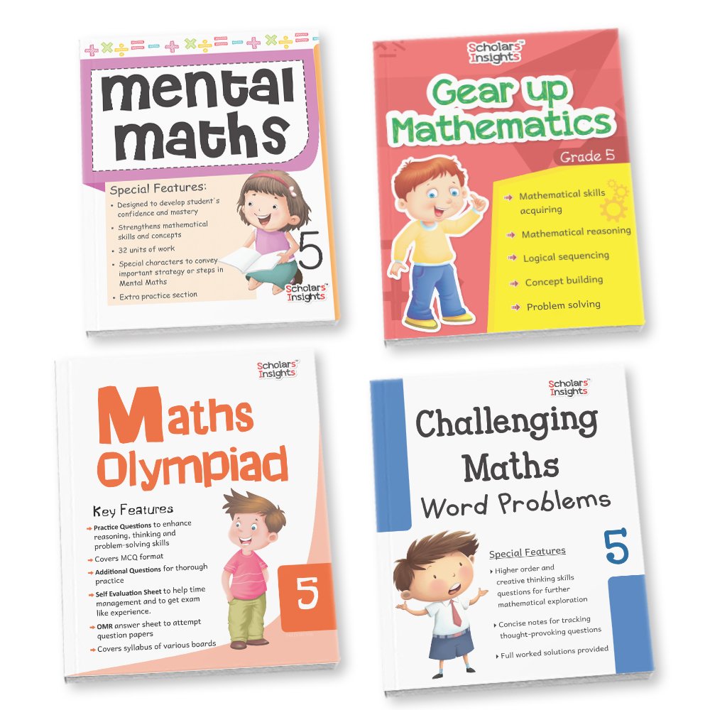 Grade 5 Comprehensive Learning with Mathematics Workbooks Set of 4 Ages 10-11 Years: Gear Up Math, Mental Math, Olympiad,Challenging Word Problems | Grocsy