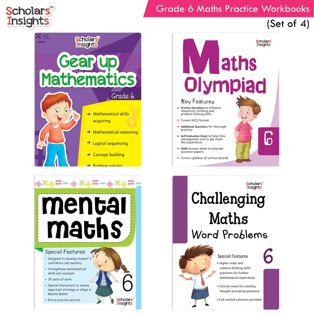 Grade 6 Comprehensive Learning with Mathematics Workbooks Set of 4 Ages 11-12 Years: Gear Up Math, Mental Math, Olympiad, Challenging Word Problems | Grocsy
