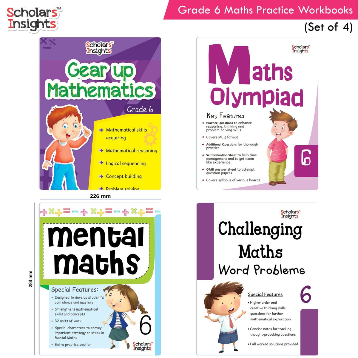 Grade 6 Comprehensive Learning with Mathematics Workbooks Set of 4 Ages 11-12 Years: Gear Up Math, Mental Math, Olympiad, Challenging Word Problems | Grocsy
