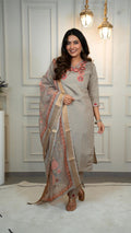 Lorenvalley Fashion Grey Roman Silk Embroidery Multi with Sequence Work Kurta Pant with Dupatta | Grocsy