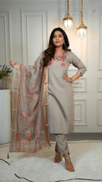 Lorenvalley Fashion Grey Roman Silk Embroidery Multi with Sequence Work Kurta Pant with Dupatta | Grocsy