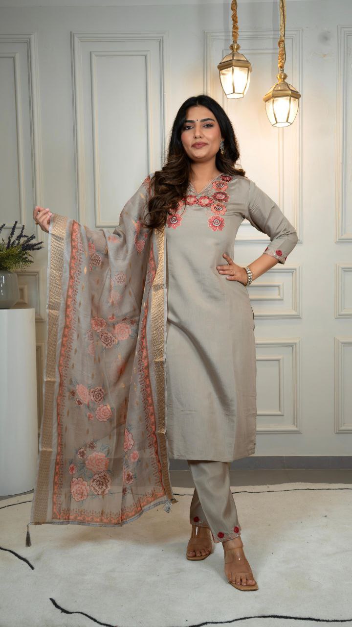 Lorenvalley Fashion Grey Roman Silk Embroidery Multi with Sequence Work Kurta Pant with Dupatta | Grocsy